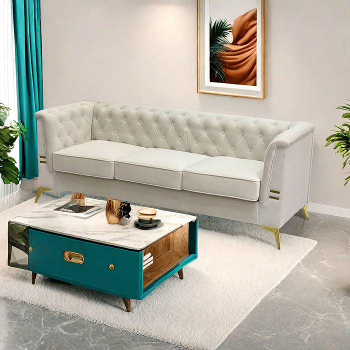 Luxurious Velvet Sofa With Gold Legs, Modern Chesterfield Design, Tufted Upholstery, 3 Seat Couch For Living Room And Office