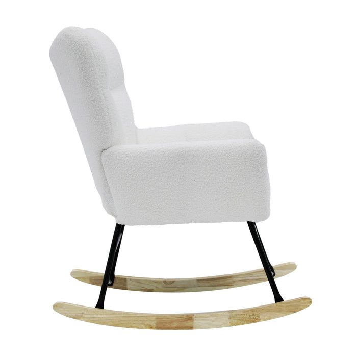 Modern Rocking Chair, Teddy Fabric Chair With High Backrest, Rocking Accent Chairs For Nursery, Living Room, Bedroom - White