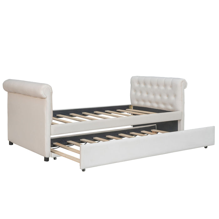 Upholstered Daybed With Trundle, Wood Slat Support