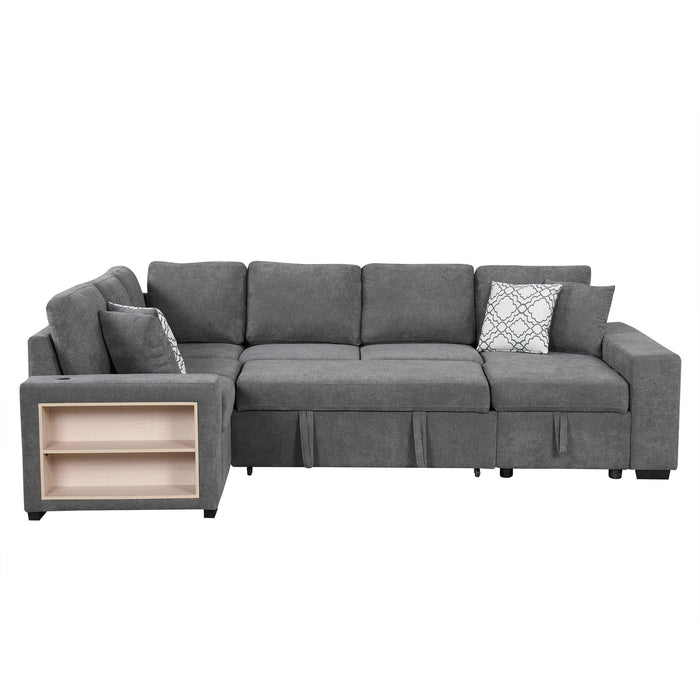 U-Shaped Sectional Sofa Pull-Out Sofa Bed With Two USB Ports, A Storage Chaise Lounge And Four Back Pillows For Living Room