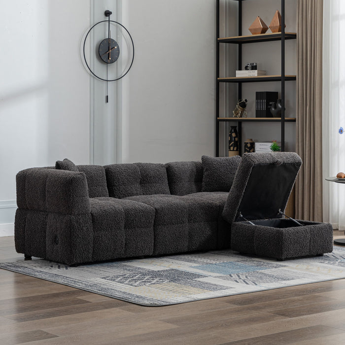 Sectional Sofa Cozy Teddy Fleece Sectional Sofa Couch With Two USB Ports A Movable Storage Ottoman And Two Lumbar Pillows For Living Room