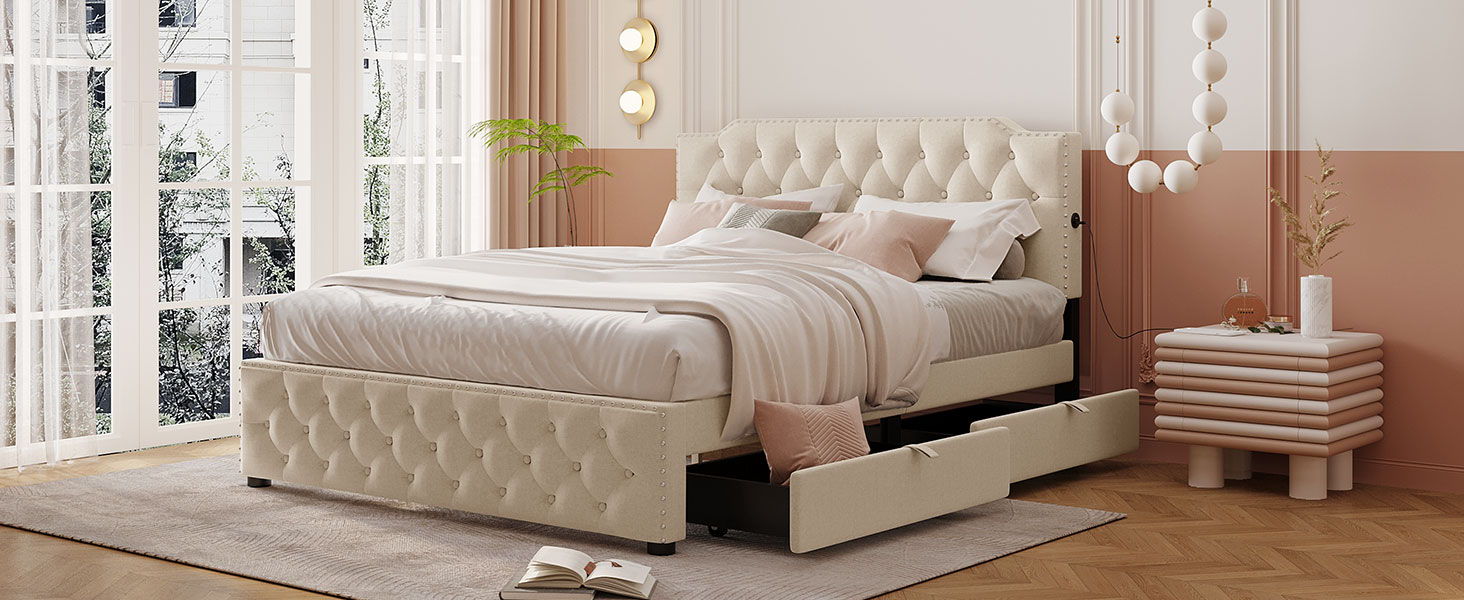 Upholstered Platform Bed With 2 Drawers And 2 Sets Of USB Ports On Each Side, Linen Fabric