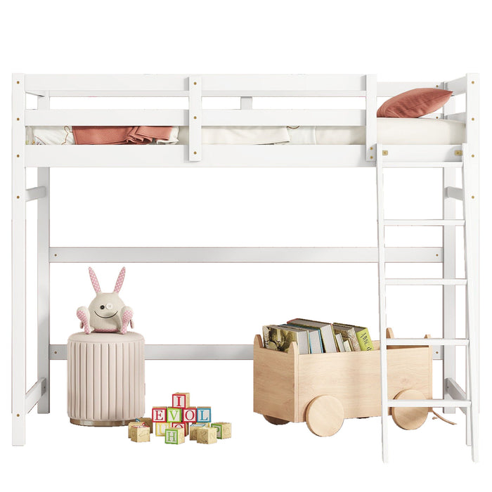 High Loft Bed With Inclined Ladder, Guardrails