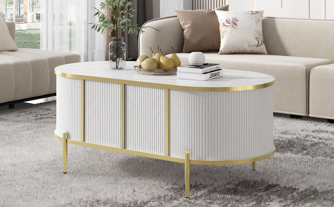 Modern Luxury Oval Shaped Fluted Coffee Table, Marble - Patterned Top Coffee Table With 2 Cabinets, Metal Legs And Handles For Living Room