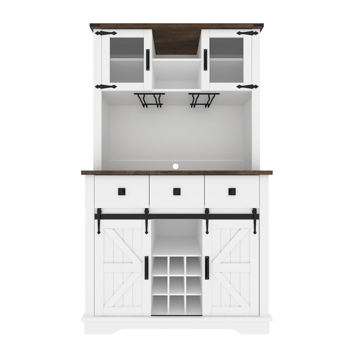 Farmhouse Bar Cabinet With Sliding Barn Door, 70" Rustic Buffet Cabinet With Storage Shelves, Liquor Cabinet With Wine And Glasses Rack, Sideboard Cupboard For Kitchen, Dining Room - Antique White