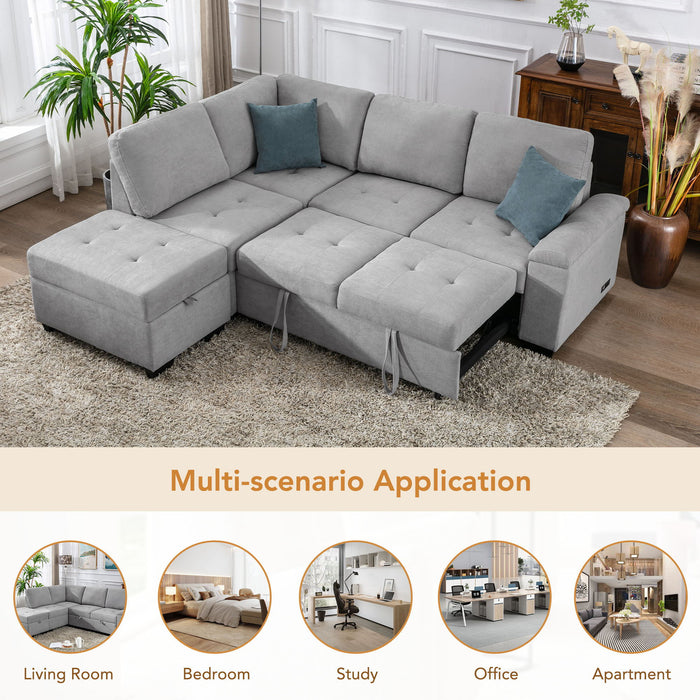 Sleeper Sectional Sofa, L-Shape Corner Couch Sofa Bed With Storage Ottoman & Hidden Arm Storage & USB Charge For Living Room Apartment