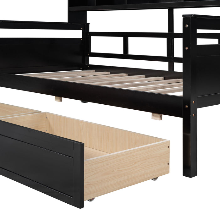 Daybed, Wood Slat Support, With Bedside Shelves And Two Drawers