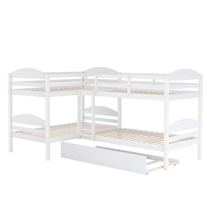 Twin L-Shaped Bunk Bed With Trundle - White