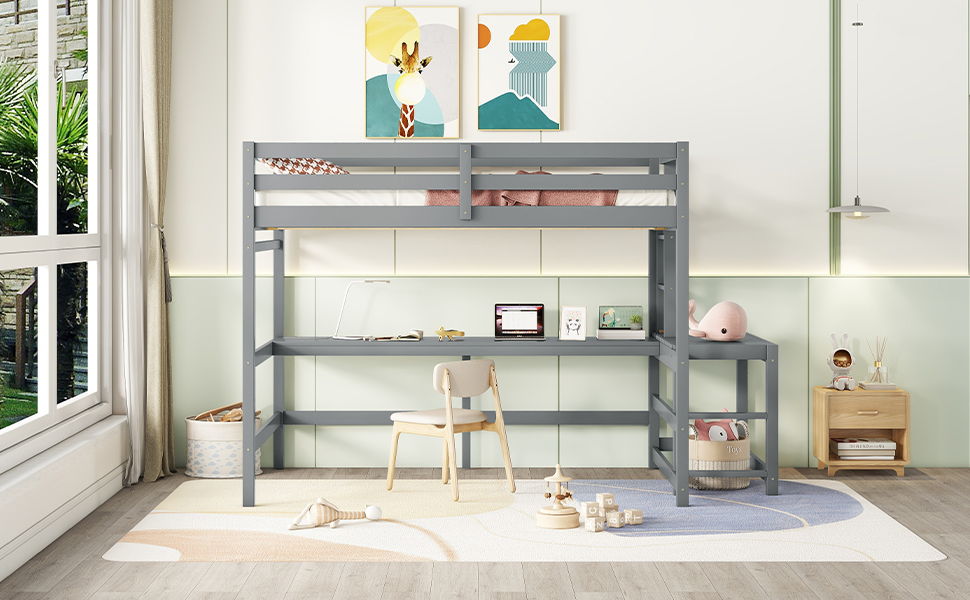 Loft Bed With Built-In Desk, Ladder Platform, Ladders, Guardrails