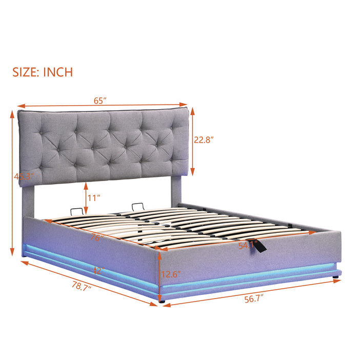 Upholstered Bed With Hydraulic Storage System And LED Light, Modern Platform Bed With Button-Tufted Design Headboard