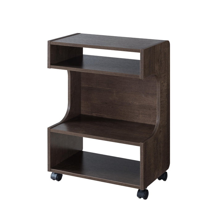 Mobile Chairside Table With Three Shelves And Four Wheels - Walnut Oak