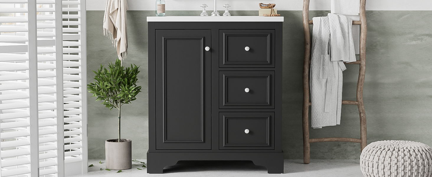 Bathroom Vanity Cabinet With Ceramic Basin, 3 Drawers And Adjustable Shelves