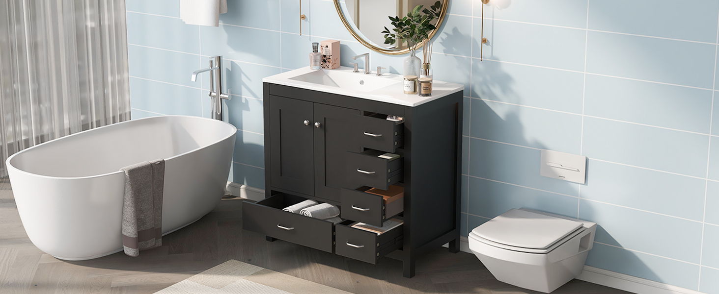 Bathroom Vanity With Ceramic Sink Combo, Abundant Storage Cabinet -2 Soft-Close Doors And 5 Drawers