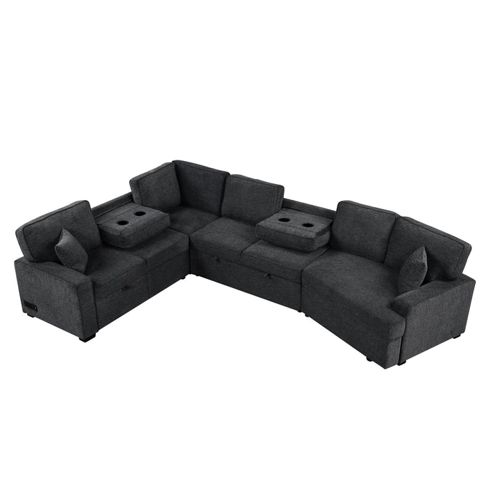 L-Shaped Sofa Sectional Sofa Couch Pull-Out Sofa Bed With Charging Devices And Cup Holders For Living Room