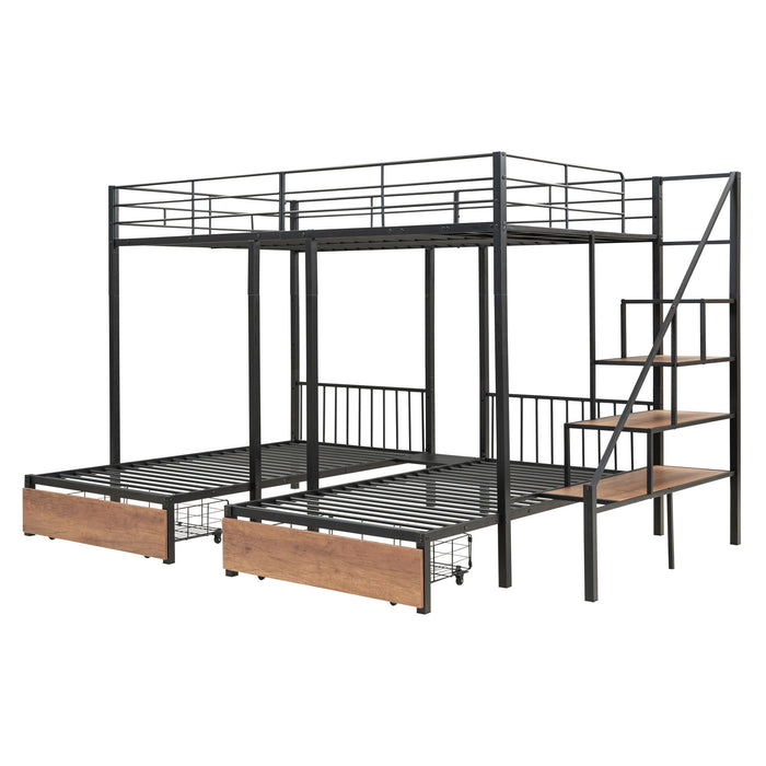 Full Over Twin-Twin Triple Bunk Bed With Drawers And Staircase - Black