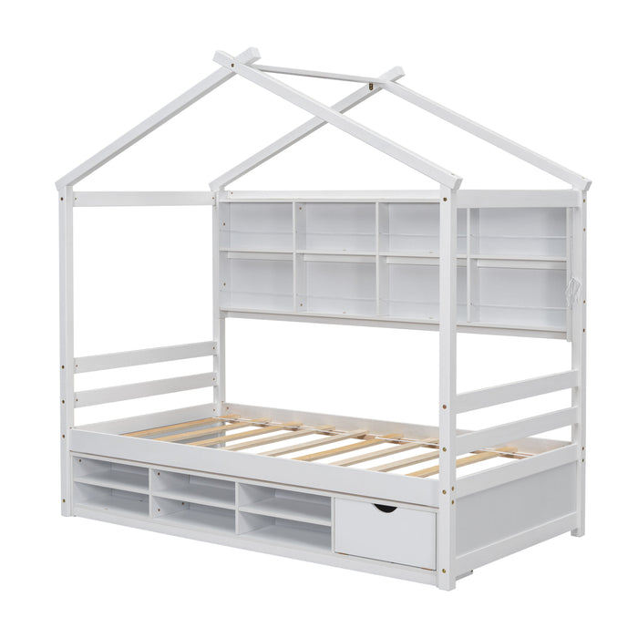 House Bed With Roof Frame, Bedside-Shelves, Under Bed Storage Unit