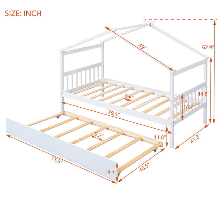 Wooden House Bed With Twin Size Trundle