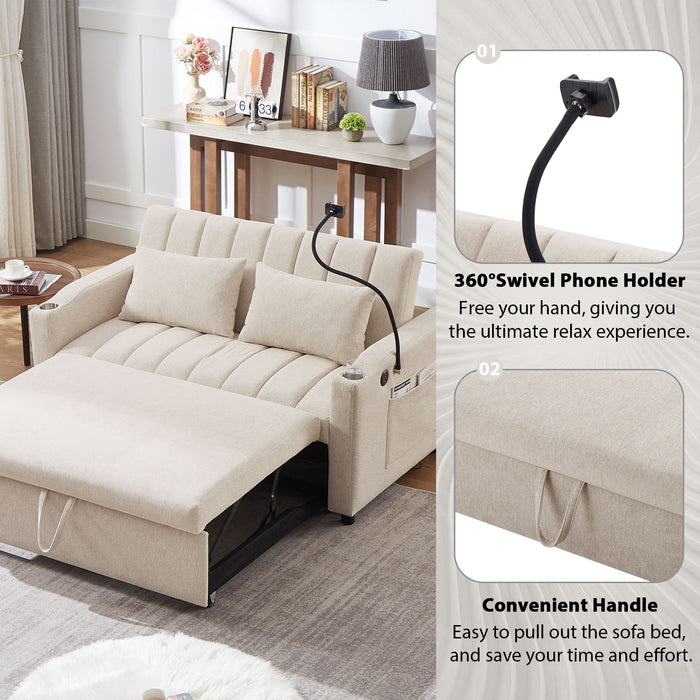 Convertible Sofa Bed Loveseat Sofa With Three USB Ports, Two Side Pockets, Two Cup Holders And 360° swivel Phone Holder For Living Room