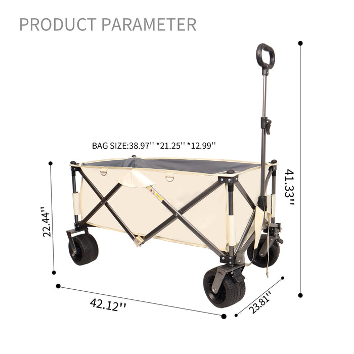 Aluminum Alloy Folding Wagon, Heavy Duty Utility Beach Wagon Cart For Sand With Big Wheels, Adjustable Handle & Drink Holders For Shopping, Camping, Garden And Outdoor