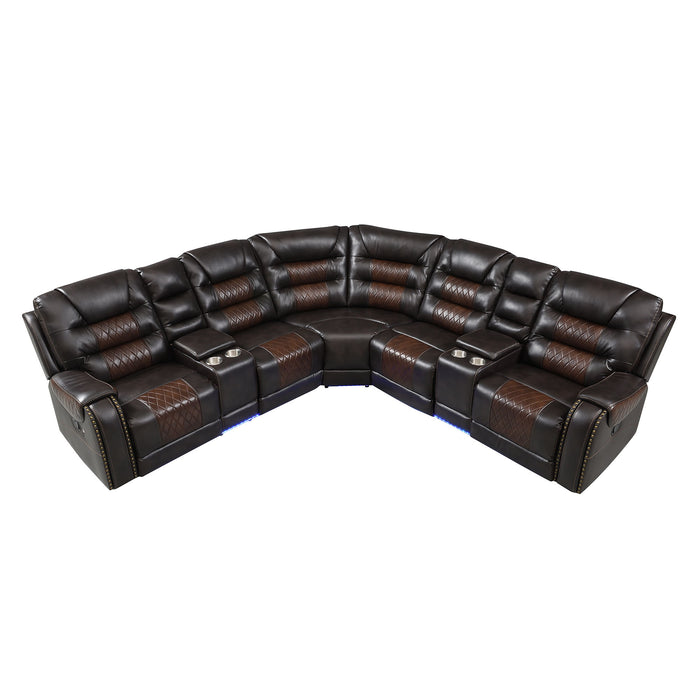 Manual Reclining Sectional Sofa Set L Shaped Symmetrical Motion Sofa Corner Couch Sets With Storage Boxes, 4 Cup Holders And Led Light Strip For Living Room - Brown