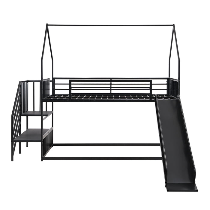 Twin Size Metal Bunk Bed House Bed With Slide And Staircase - Black