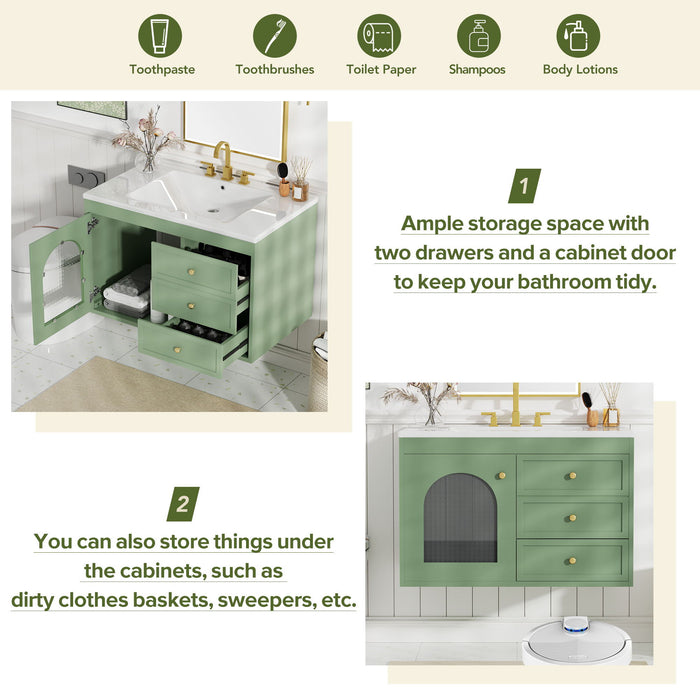 Elegant Floating Bathroom Vanity Sink And Cabinet Combo 1 Door And 2 Drawers - Green