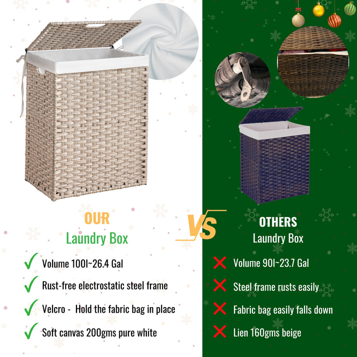 Laundry Hamper With Lid PE Rattan Powder Coating Frame Clothes Hampers With 2 Removable Bags