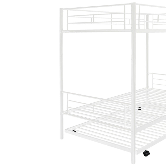 Twin Over Twin Metal Bunk Bed With Trundle, Can Be Divided Into Two Beds, No Box Spring Needed - White