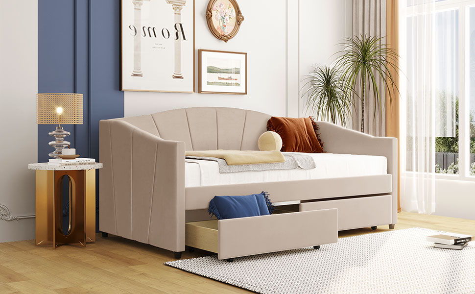 Upholstered Daybed With Two Drawers And Wood Slat