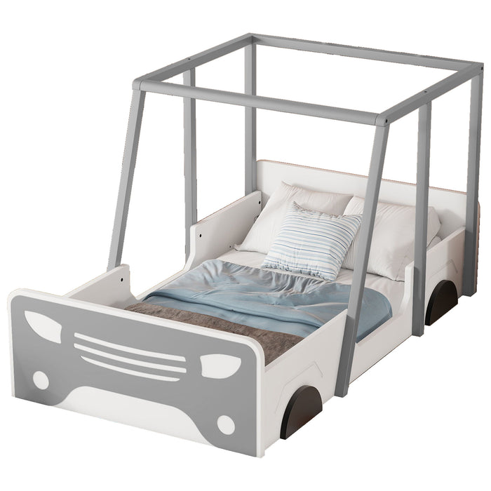 Twin Size Car-Shaped Bed With Roof, Wooden Twin Floor Bed With Wheels And Door Design, Montessori Inspired Bedroom