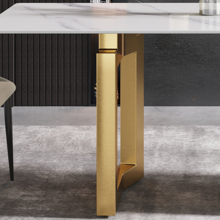 70.87" Modern Artificial Stone Straight Edge Golden Metal Leg Dining Table, Can Accommodate 6-8 People - White / Gold