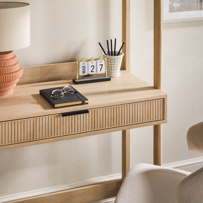 Transitional Reeded Desk With Hutch And Drawers Plus Tech Management