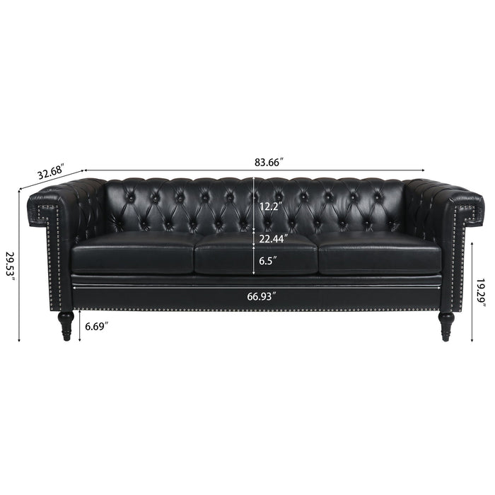 Traditional Square Arm Removable Cushion 3 Seater Sofa - Black