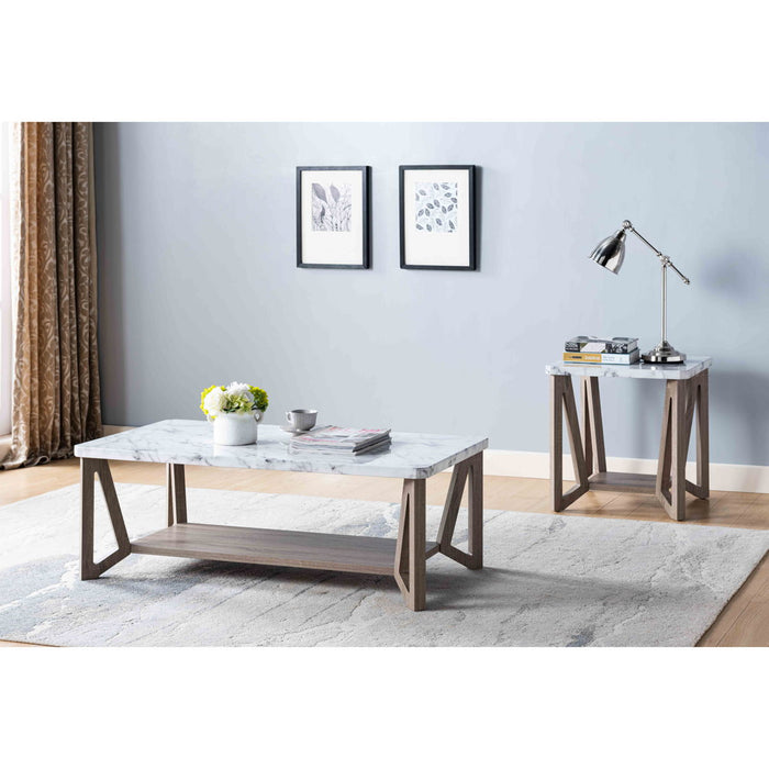 Marble Tabletop Home Accent Table, Modern End Table - Faux Marble White & Dark Taupe
