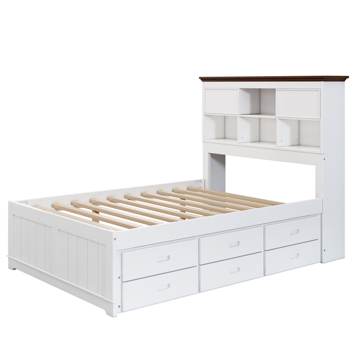 Full Solid Pine Captain Bookcase Bed With Trundle Bed And 3 Spacious Under Bed Drawers In Casual - White / Walnut