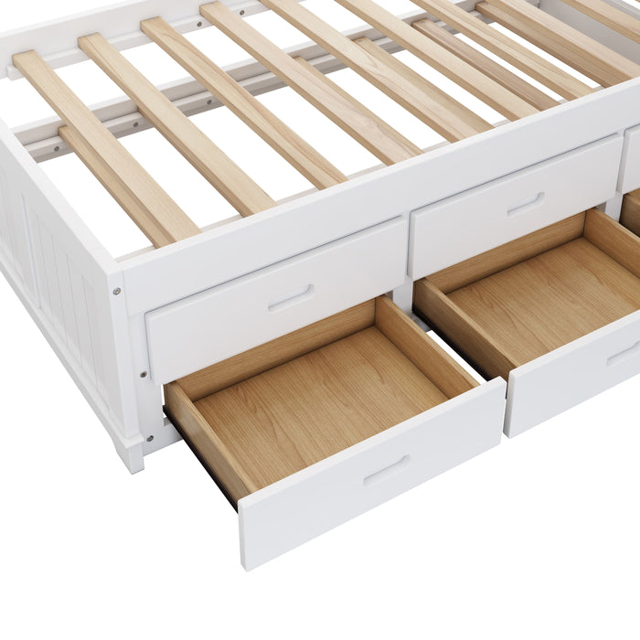 Twin Solid Pine Captain Bookcase Bed With Trundle Bed And 3 Spacious Under Bed Drawers In Casual - White / Walnut