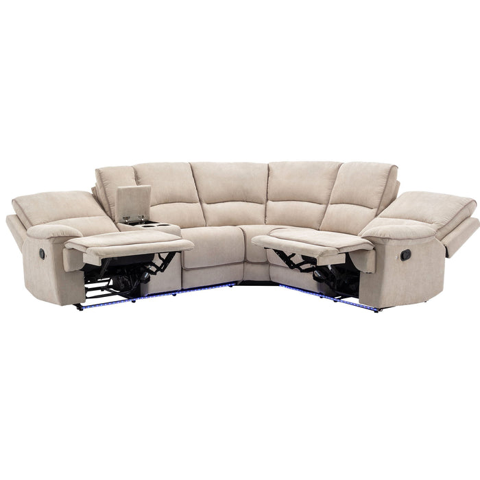 Modern Manual Reclining Living Room Furniture Set With USB Ports, Hidden Storage, Led Light Strip And 2 Cup Holders - Cream