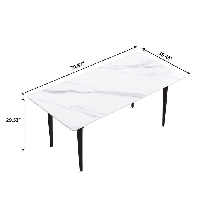 70.87" Modern Artificial Stone White Straight Edge Black Metal Leg Dining Table, Can Accommodate 6-8 People - White / Black