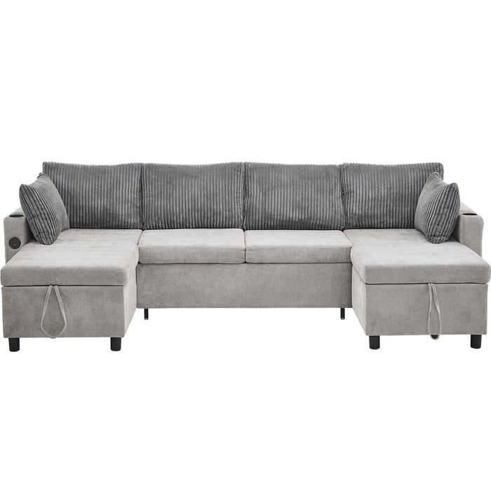 Sectional Sofa Pull Out Sofa Bed Versatile Sofa Sleeper With Large Storage Space, Two USB Ports And Two Cup Holders For Living Room