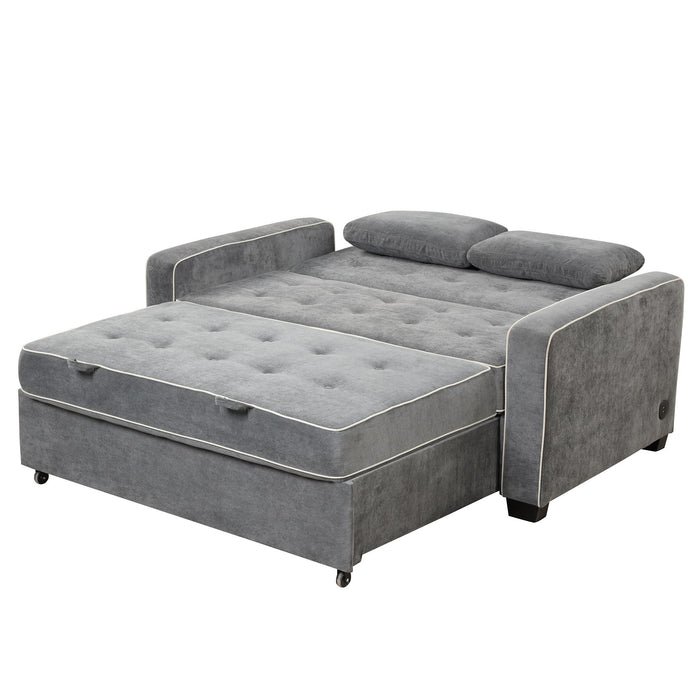 Upholstered Sleeper Bed, Pull Out Sofa Bed Couch Attached Two Throw Pillows, Dual USB Charging Port And Adjustable Backrest