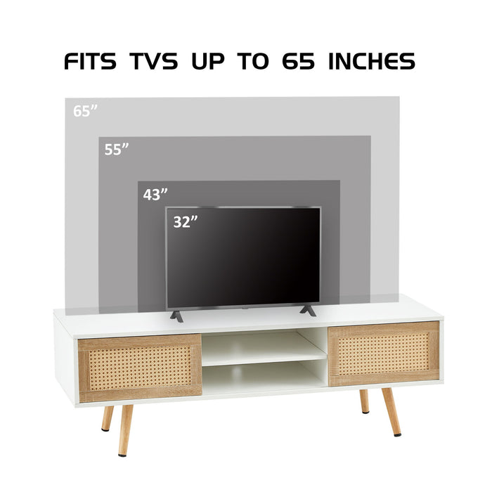 55.12" Rattan TV Cabinet, Double Sliding Doors For Storage, Adjustable Shelf, Solid Wood Legs, TV Console For Living Room