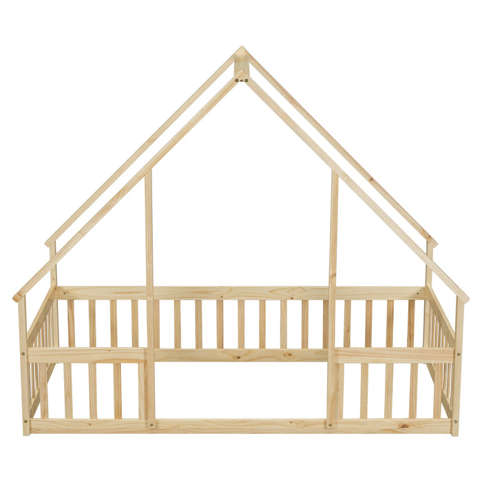 Wood House-Shaped Floor Bed With Fence, Guardrails