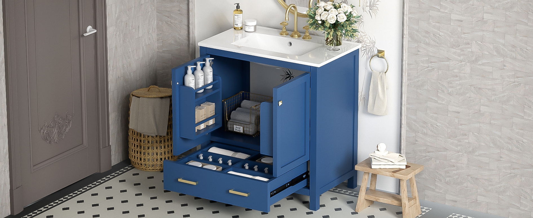 Bathroom Vanity With Single Sink, Combo Cabinet Undermount Sink, Bathroom Storage Cabinet With Two Doors And A Drawer, Soft Closing, Multifunctional Storage, Solid Wood Frame