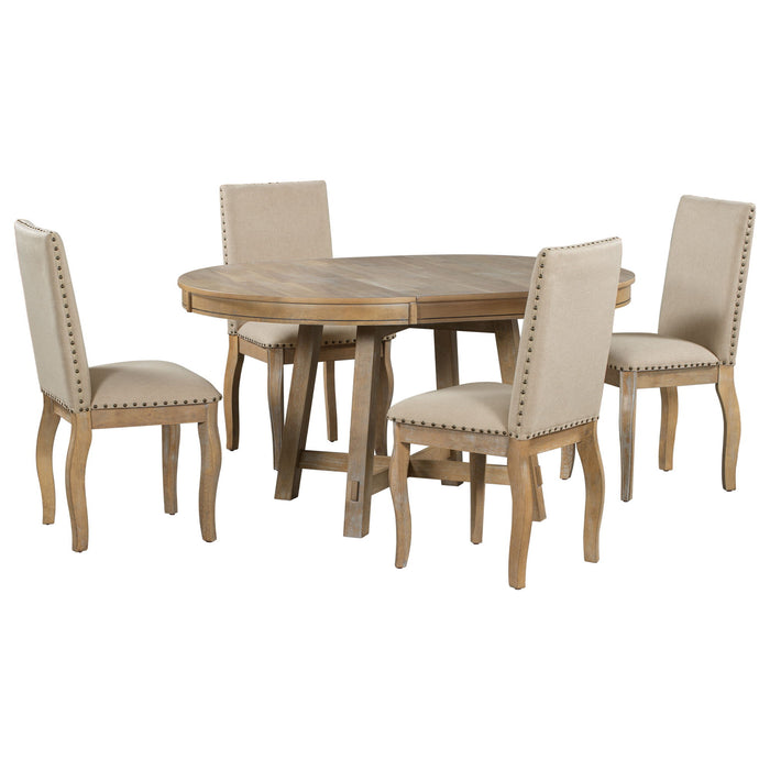 Farmhouse Dining Table Set Wood Round Extendable Dining Table And Upholstered Dining Chairs