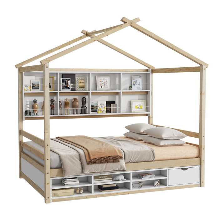 House Bed With Roof Frame, Bedside-Shelves, Under Bed Storage Unit