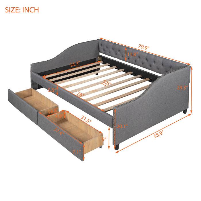 Full Size Upholstered Daybed With Two Drawers, Wood Slat Support