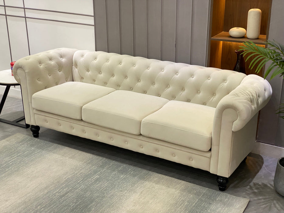 Chesterfield Sofa, 3-Seater Plush Fabric With Tufted Buttons And Wooden Legs, Classic Design - Beige