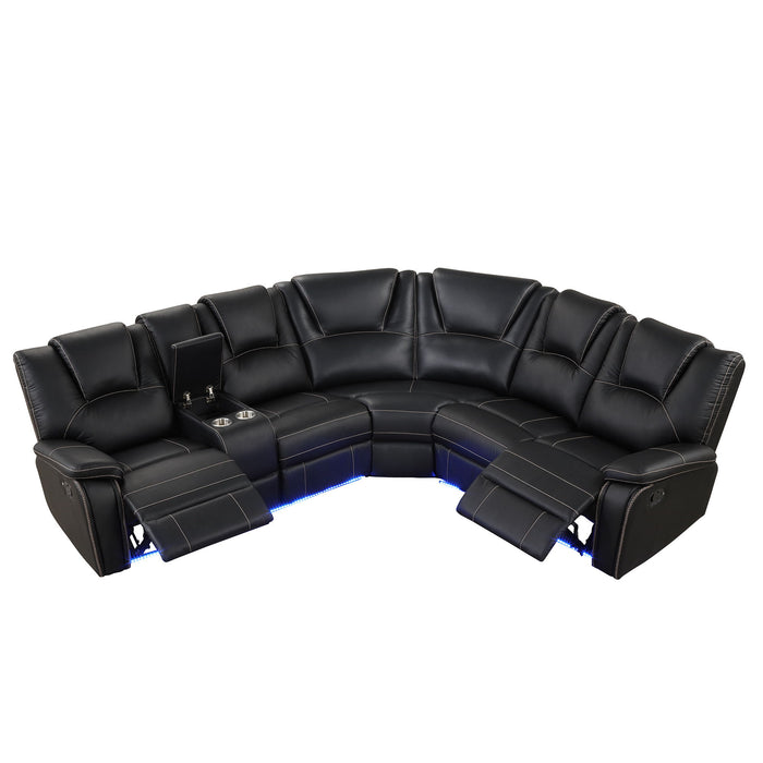 Modern Faux Leather Manual Reclining With Center Console With LED Light Strip, Living Room Furniture Set, PU Symmetrical Couch With 2 Cup Holders And Storage For Living Room - Black