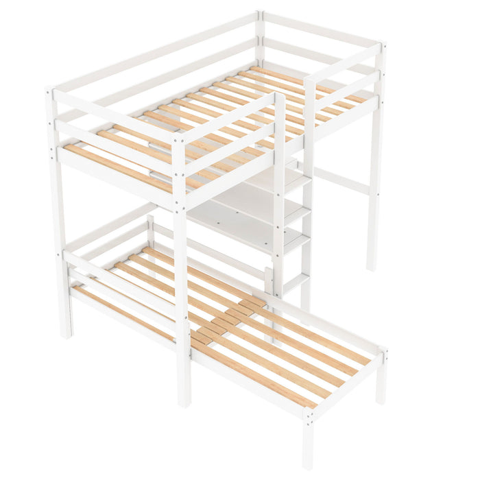 Convertible Loft Bed With L-Shape Desk, Twin Bunk Bed With Shelves And Ladder - White