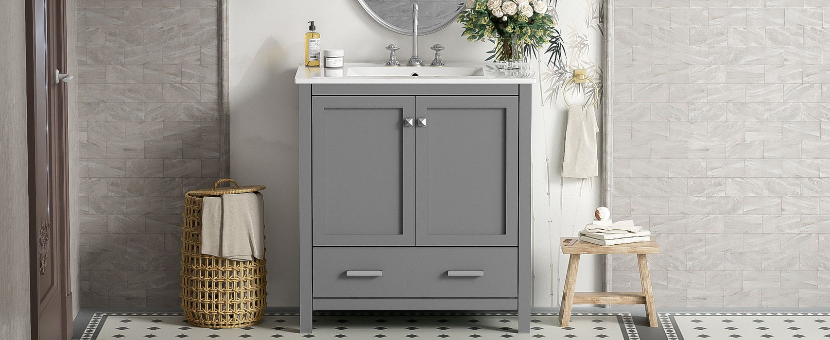 Bathroom Vanity With Single Sink, Combo Cabinet Undermount Sink, Bathroom Storage Cabinet With Two Doors And A Drawer, Soft Closing, Multifunctional Storage, Solid Wood Frame